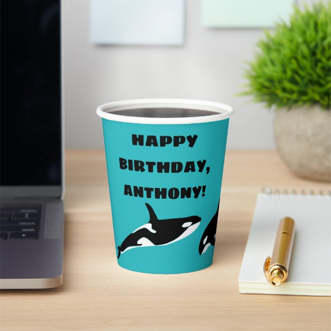 Orcas Killer Whales Teal Blue Birthday Party Paper Cups (Insitu)