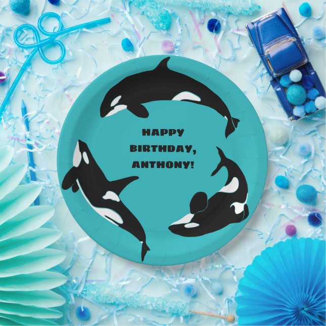 Orcas Killer Whales Teal Blue Birthday Party Paper Plates (Party)