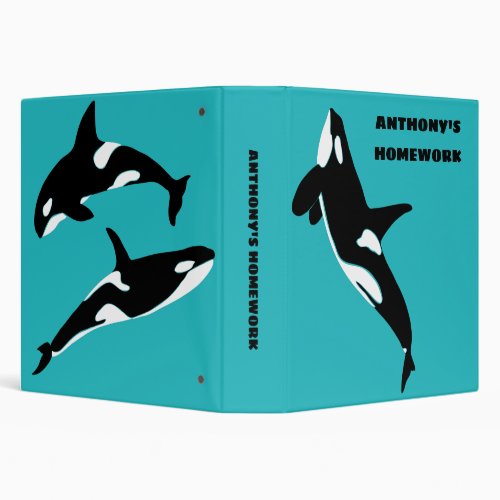 Orcas Killer Whales Teal Blue Personalized 3 Ring Binder