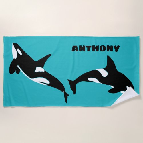 Orcas Killer Whales Teal Blue Personalized Beach Towel