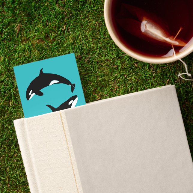 Orcas Killer Whales Teal Blue Personalized Bookmarks (Closed Book)