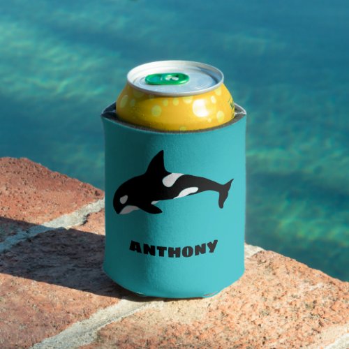 Orcas Killer Whales Teal Blue Personalized Can Cooler
