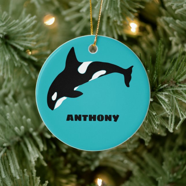 Orcas Killer Whales Teal Blue Personalized Ceramic Ornament (Tree)