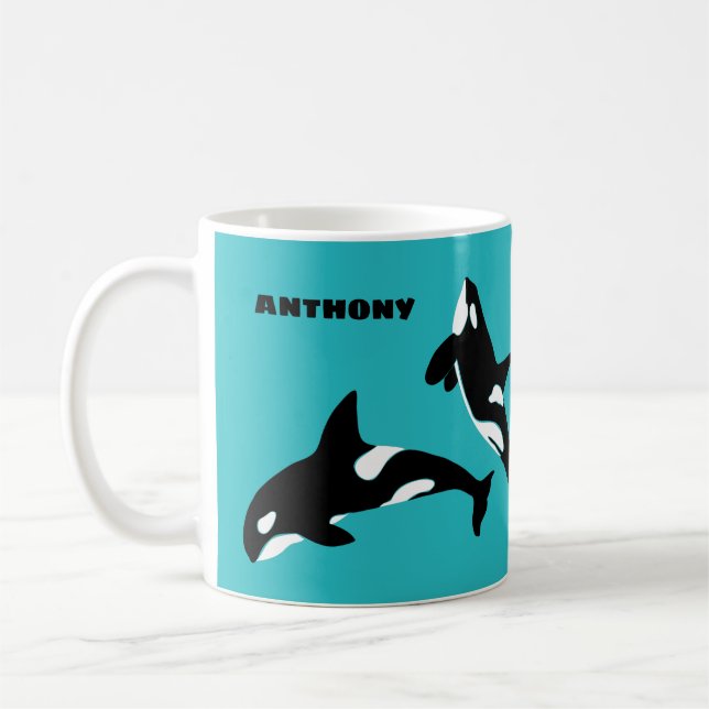 Orcas Killer Whales Teal Blue Personalized Coffee Mug (Left)