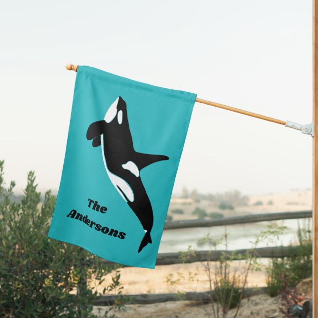 Orcas Killer Whales Teal Blue Personalized House Flag (Insitu (Back))