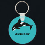 Orcas Killer Whales Teal Blue Personalized Keychain<br><div class="desc">Create a personalized small gift or party favor or anyone who loves whales and other ocean animals. This keychain features an illustration of an orca or killer whale in black and white set against a bright teal blue background and is ready to be personalized with a name or other text...</div>