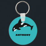 Orcas Killer Whales Teal Blue Personalized Keychain<br><div class="desc">Create a personalized small gift or party favor or anyone who loves whales and other ocean animals. This keychain features an illustration of an orca or killer whale in black and white set against a bright teal blue background and is ready to be personalized with a name or other text...</div>