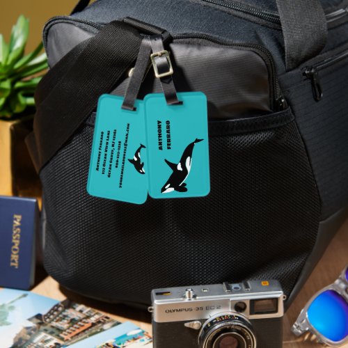 Orcas Killer Whales Teal Blue Personalized Luggage Tag