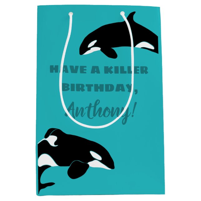Orcas Killer Whales Teal Blue Personalized Medium Gift Bag (Front)