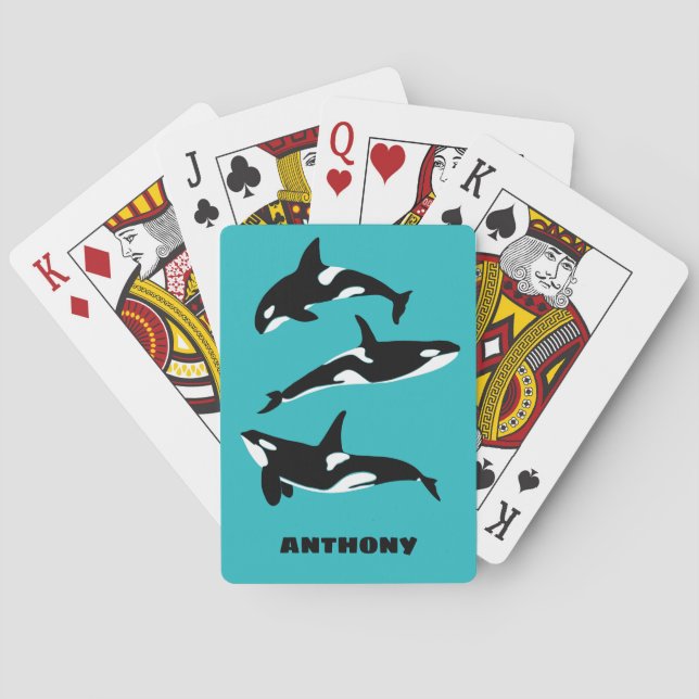 Orcas Killer Whales Teal Blue Personalized Poker Cards (Back)