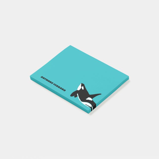 Orcas Killer Whales Teal Blue Personalized Post-it Notes (Angled)