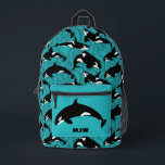 Orcas Killer Whales Teal Blue Personalized Printed Backpack<br><div class="desc">Add an aquatic touch to any day with this illustrated backpack that features illustrations of orcas or killer whales in black and white set against a teal blue ocean waves background. This bag is ready to be personalized with your initials on the front pocket in bold black lettering.</div>
