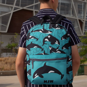 Orcas Killer Whales Teal Blue Personalized Printed Backpack