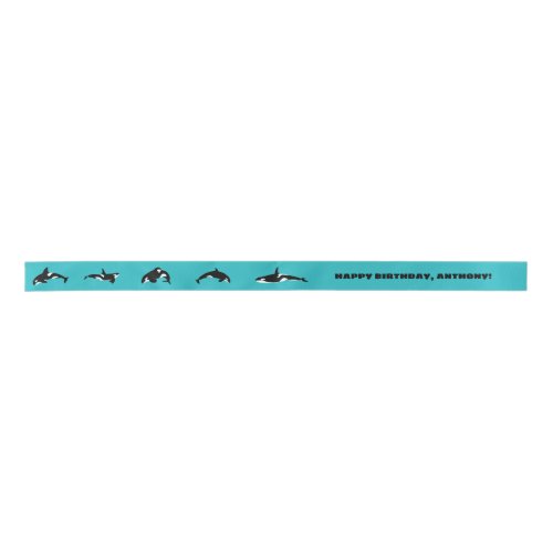 Orcas Killer Whales Teal Blue Personalized Satin Ribbon