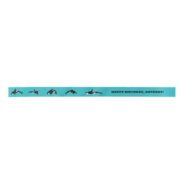 Orcas Killer Whales Teal Blue Personalized Satin Ribbon (Front)