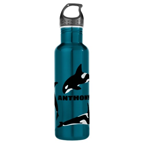 Orcas Killer Whales Teal Blue Personalized Stainless Steel Water Bottle