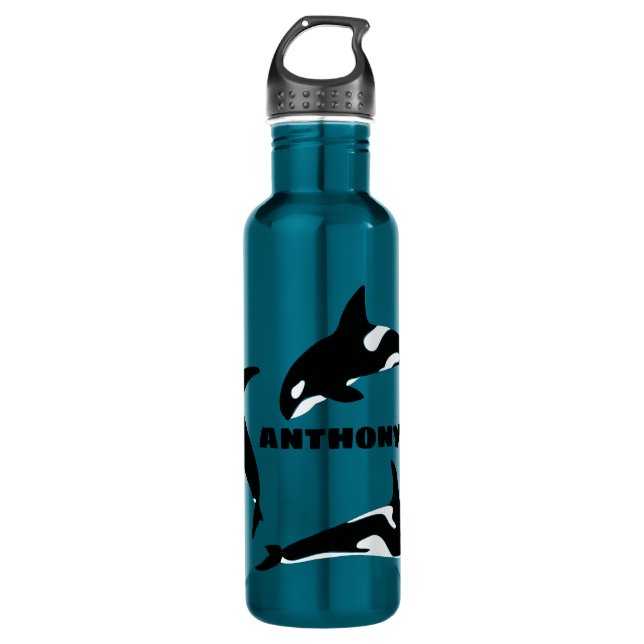 Orcas Killer Whales Teal Blue Personalized Stainless Steel Water Bottle (Front)