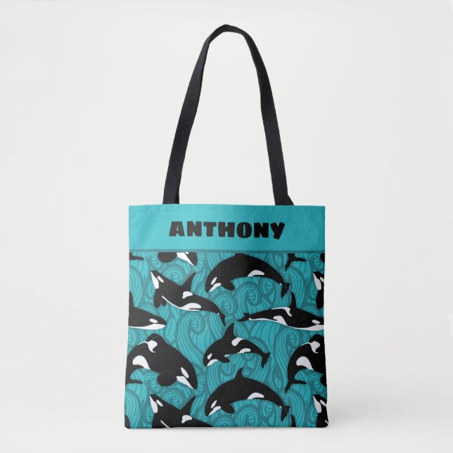 Orcas Killer Whales Teal Blue Personalized Tote Bag (Front)