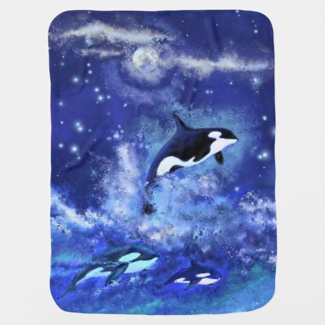 Orcas on Full Moon - Art Drawing Baby Blanket (Front)