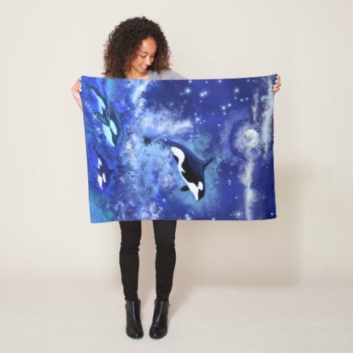 Orcas on Full Moon _ Art Drawing Fleece Blanket