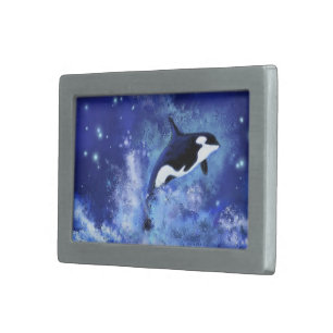 Orcas on Full Moon Belt Buckle - Blue