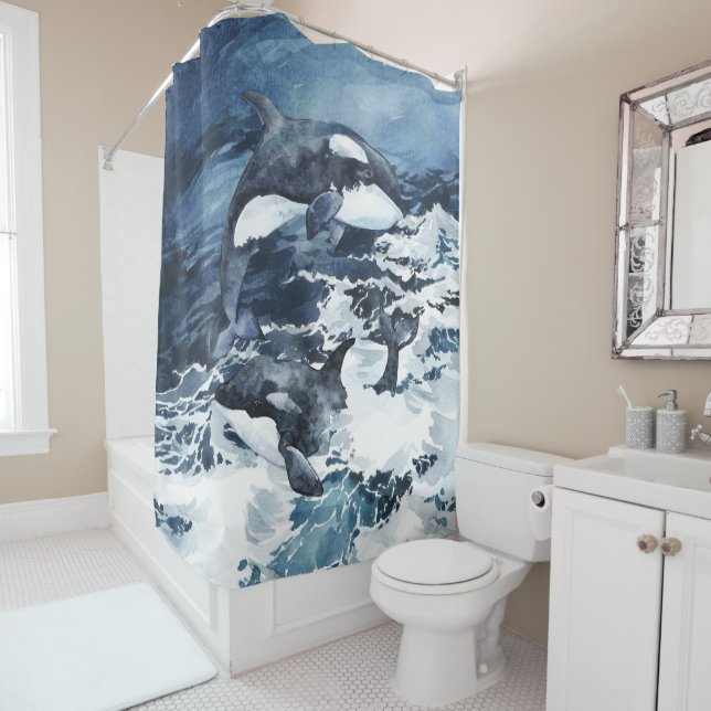 Orcas playing in the waves shower curtain (In Situ)