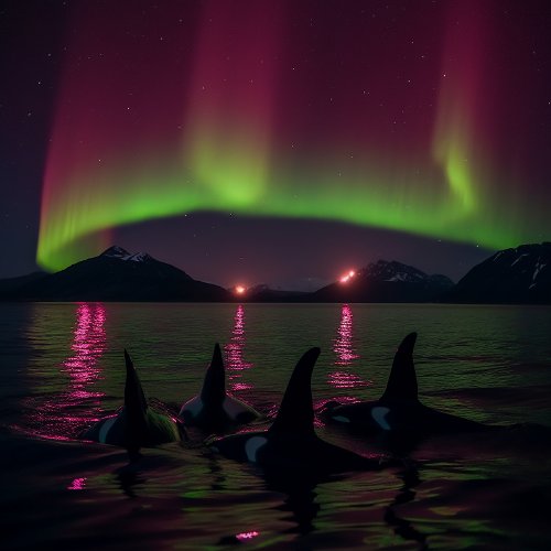 Orcas Swim In Purple Aurora _ Killer Whale Jigsaw Puzzle