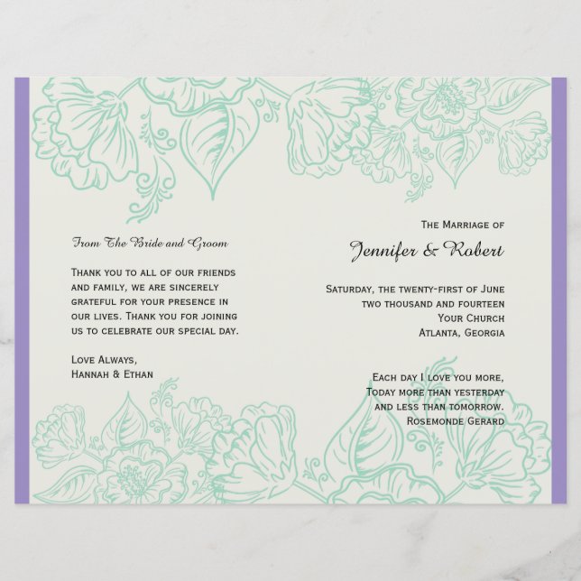 Orchid and Teal Bohemian Flowers Wedding Program (Front)