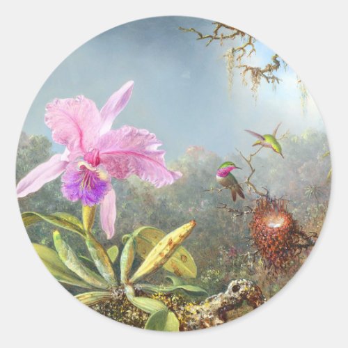 Orchid and three hummingbirds  classic round sticker