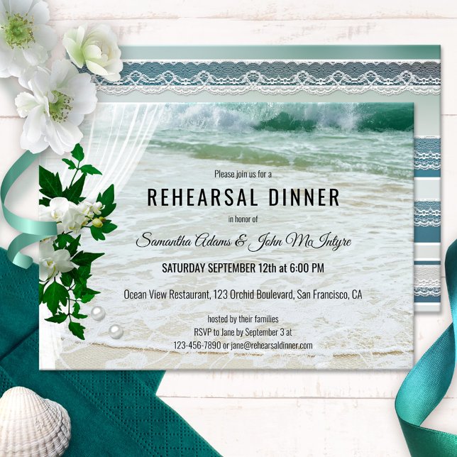 Orchid Beach Lace Rehearsal Dinner Invitation (Rehearsal Dinner invitation featuring orchid flowers on a wedding veil - beach with lace and pearls)