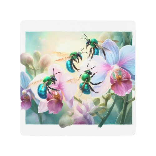 Orchid Bees in Flight REF228 _ Watercolor Metal Print