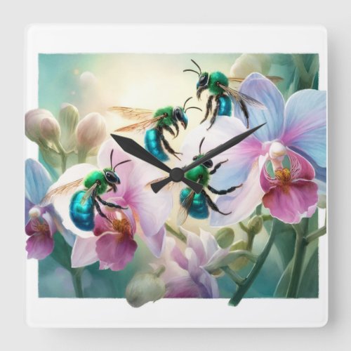 Orchid Bees in Flight REF228 _ Watercolor Square Wall Clock