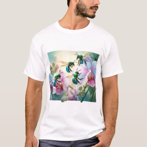 Orchid Bees in Flight REF228 _ Watercolor T_Shirt