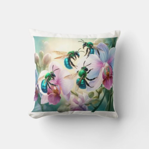 Orchid Bees in Flight REF228 _ Watercolor Throw Pillow