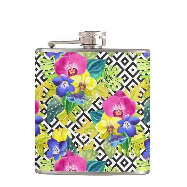 Orchid Begonia And Palm Leaves Hip Flask (Front)
