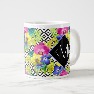 Orchid Begonia And Palm Leaves Monogram Giant Coffee Mug