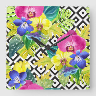 Orchid Begonia And Palm Leaves Square Wall Clock