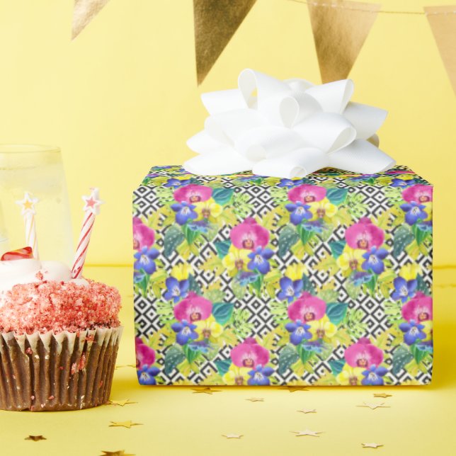 Orchid Begonia And Palm Leaves Wrapping Paper (Birthday Party)