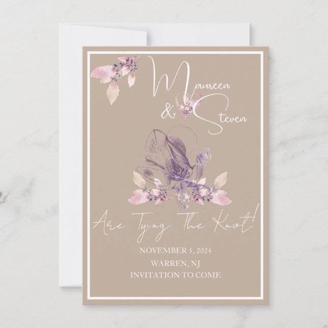 Orchid Beige & White Save The Date Wedding Card (Front)