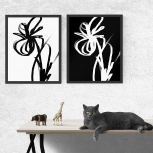 Orchid Blanc & Noir: Abstract White & Black Wall Art Sets