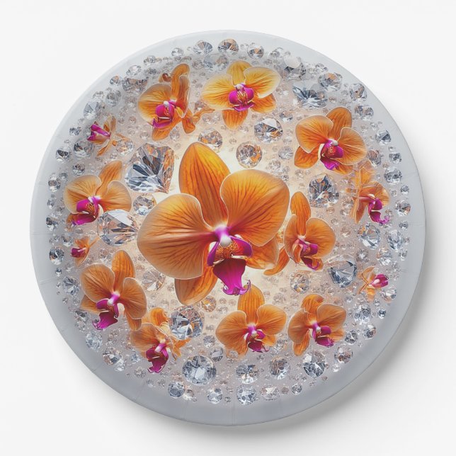 Orchid Blossoms Embedded in Crystals Paper Plates (Front)