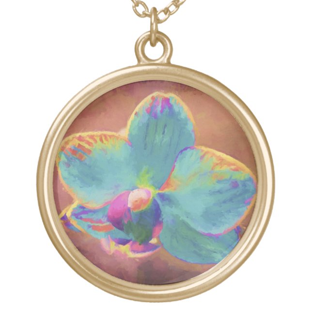 Orchid blue purple painting floral art gold plated necklace (Front)