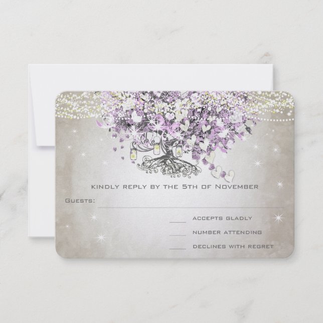 Orchid Blush Lavender Heart Leaf Tree Wedding RSVP Card (Front)