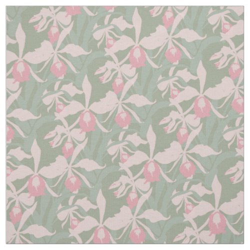 Orchid botanical graphic pink green repeat pattern fabric