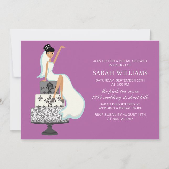 Orchid Bride on Wedding Cake Invitation (Front)