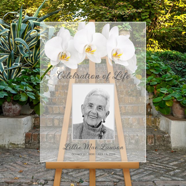 Orchid Celebration of Life Photo Memorial Funeral Acrylic Sign (Celebration of Life white orchids and photo memorial funeral ACRYLIC sign)