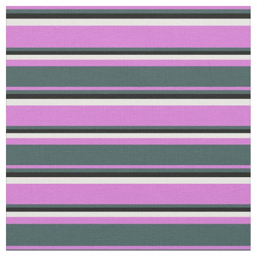 Orchid, Dark Slate Gray, Black & White Stripes Fabric