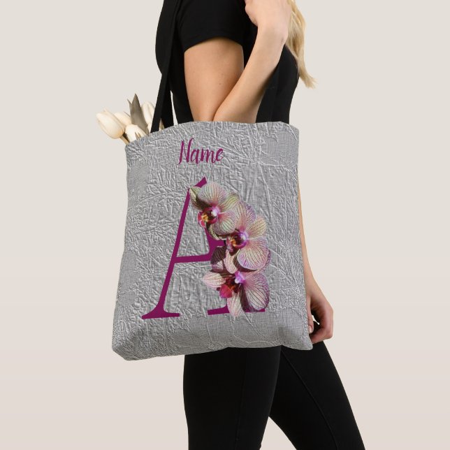 Orchid Elegant Monogram Initial A Personalized Tote Bag (Close Up)