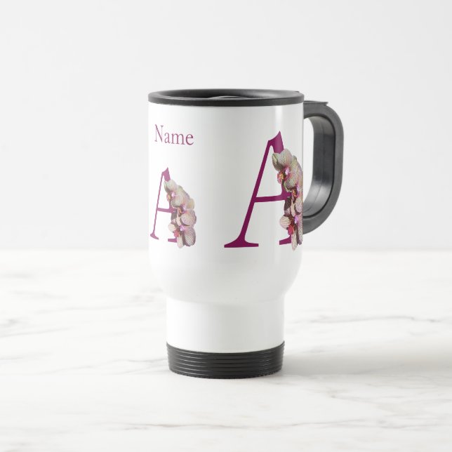 Orchid Elegant Monogram Initial A Personalized Travel Mug (Front Right)