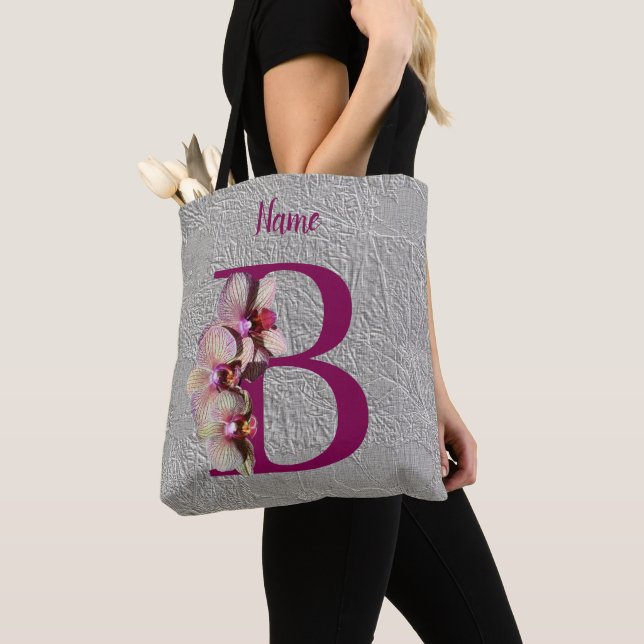 Orchid Elegant Monogram Initial B Personalized Tote Bag (Close Up)